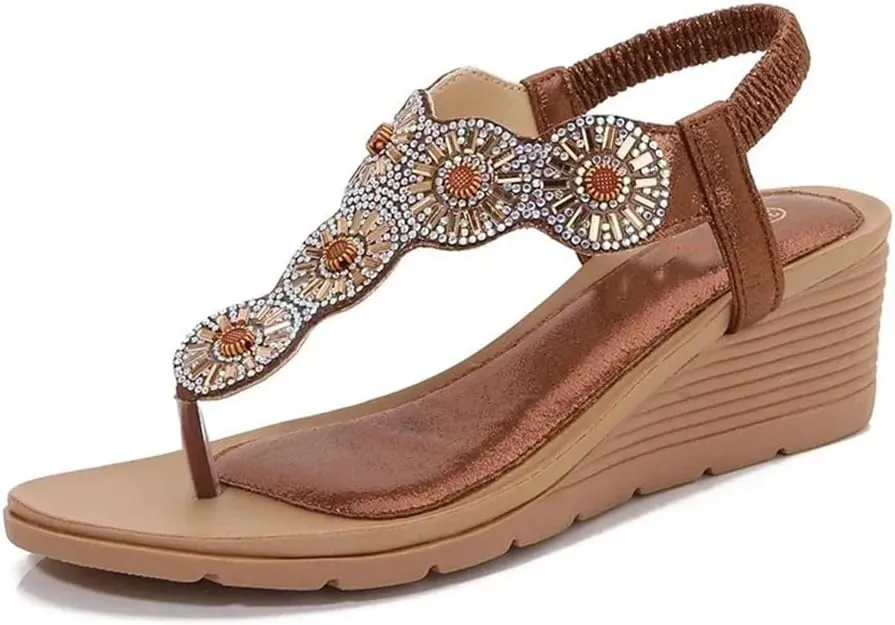 Women Wedge Gladiator Sandals Flip Flop Shoes Bohemian Style Rhinestones Flower Beach Sandals
