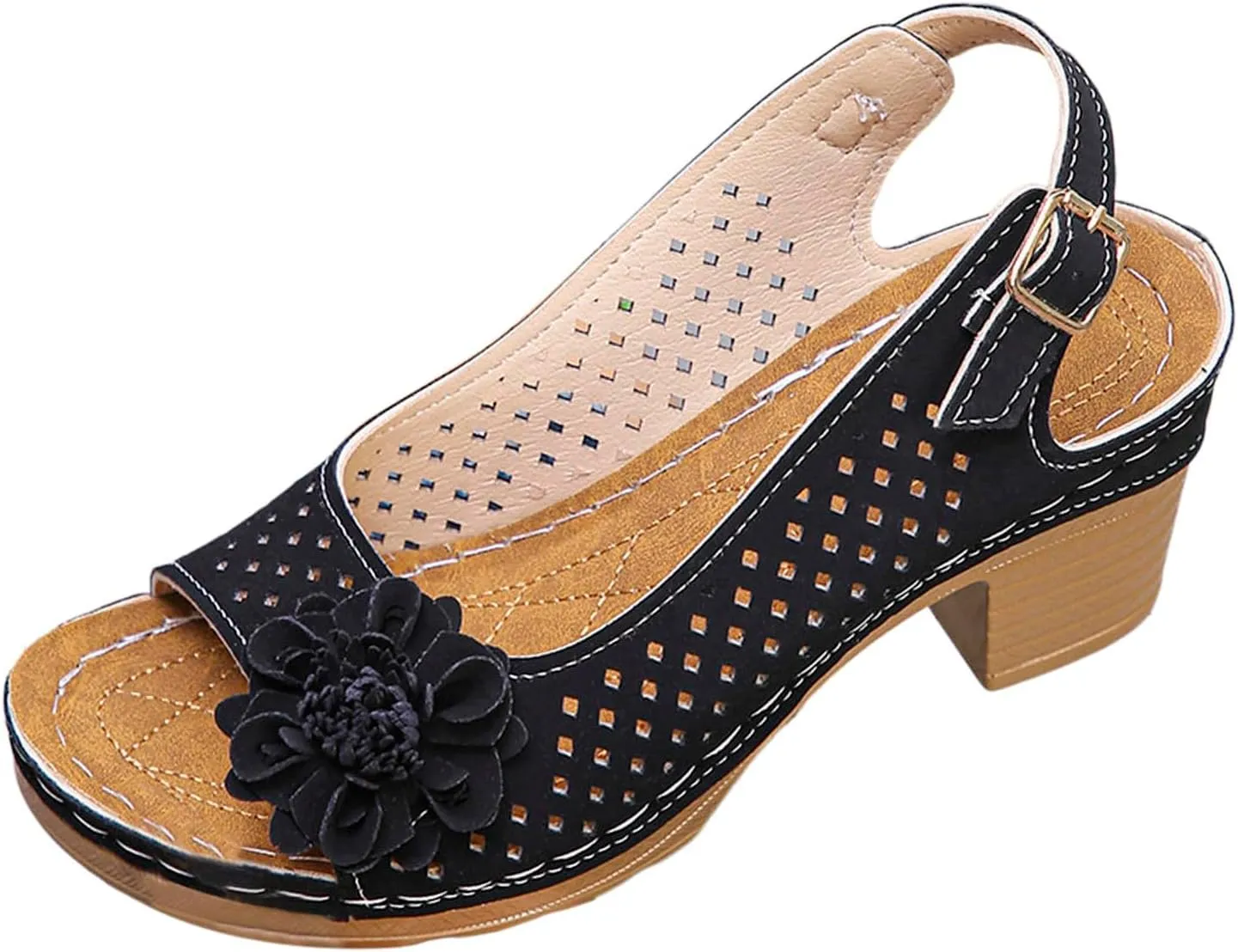 Womens Block Heeled Sandals Hollow Out Breathable Ankle Buckle Summer Floral Fashion Dressy Wedge Heel Sandals