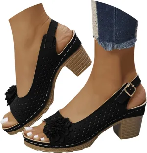 Womens Block Heeled Sandals Hollow Out Breathable Ankle Buckle Summer Floral Fashion Dressy Wedge Heel Sandals