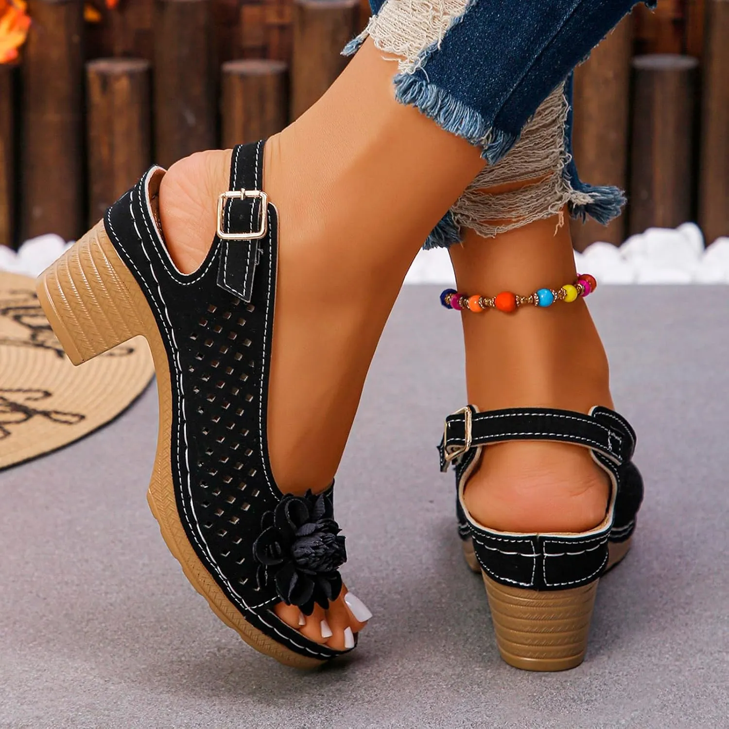 Womens Block Heeled Sandals Hollow Out Breathable Ankle Buckle Summer Floral Fashion Dressy Wedge Heel Sandals