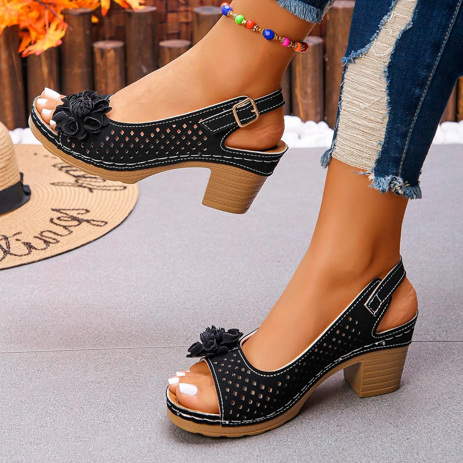 Womens Block Heeled Sandals Hollow Out Breathable Ankle Buckle Summer Floral Fashion Dressy Wedge Heel Sandals