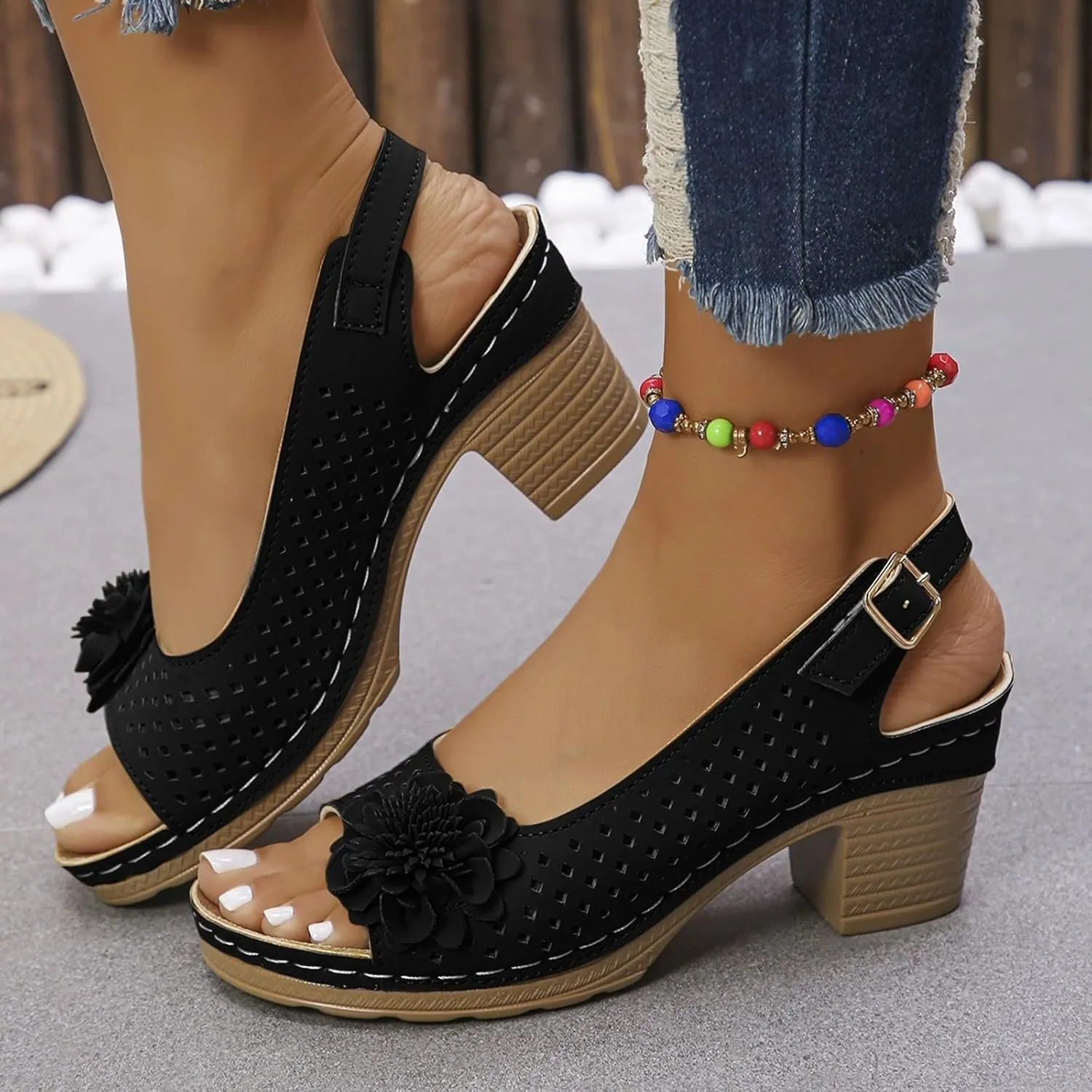 Womens Block Heeled Sandals Hollow Out Breathable Ankle Buckle Summer Floral Fashion Dressy Wedge Heel Sandals