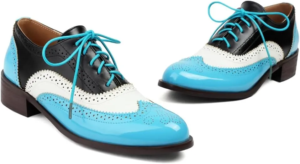 Women's Flat Saddle Oxford Shoes Two Toned Round Toe Wingtip Lace Up Perforated Low Heel School Oxfords Brogues