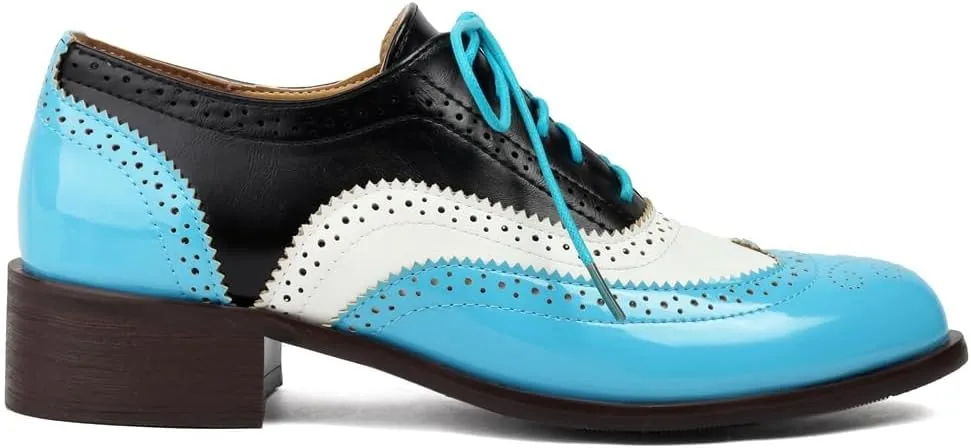 Women's Flat Saddle Oxford Shoes Two Toned Round Toe Wingtip Lace Up Perforated Low Heel School Oxfords Brogues