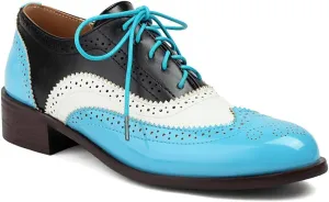 Women's Flat Saddle Oxford Shoes Two Toned Round Toe Wingtip Lace Up Perforated Low Heel School Oxfords Brogues