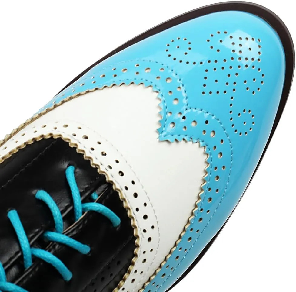 Women's Flat Saddle Oxford Shoes Two Toned Round Toe Wingtip Lace Up Perforated Low Heel School Oxfords Brogues