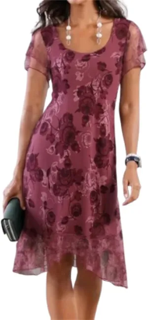 Women's Fresh Print Round Neck Short Sleeve A-Line Mini Dress, Elegant Floral Print Lace Term Flowy Smocked Dress