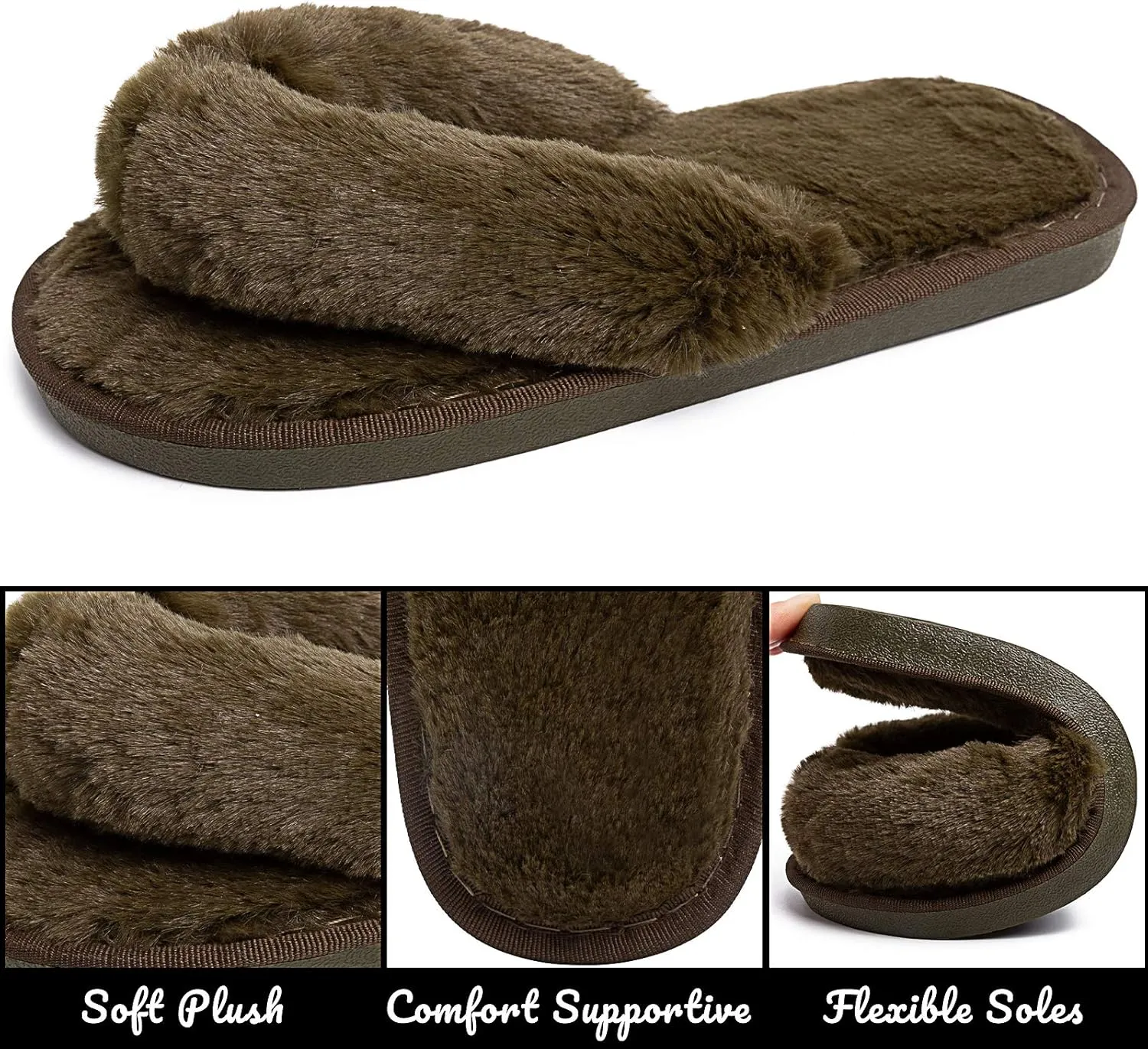 Women's Fuzzy Memory Foam Flip Flop Slippers Soft Comfy Open Toe Slip On Spa Thong Flat Sandals Ladies House Home Furry Sandal Slides Indoor Outdoor