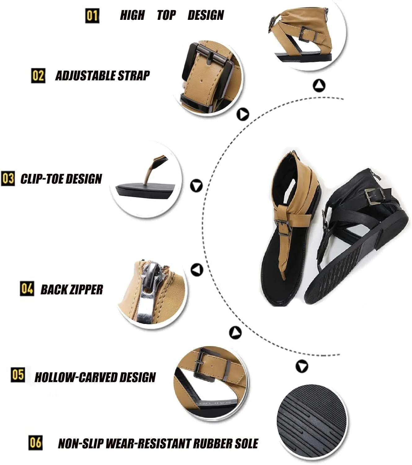 Women's High Top Clip Toe Flat Roman Sandals Back Zipper Summer Adjustable Buckle Strap Round Open Toe Fashion Thong Gladiator Beach Sandals for Party Walking Bohemian Boot Sandals