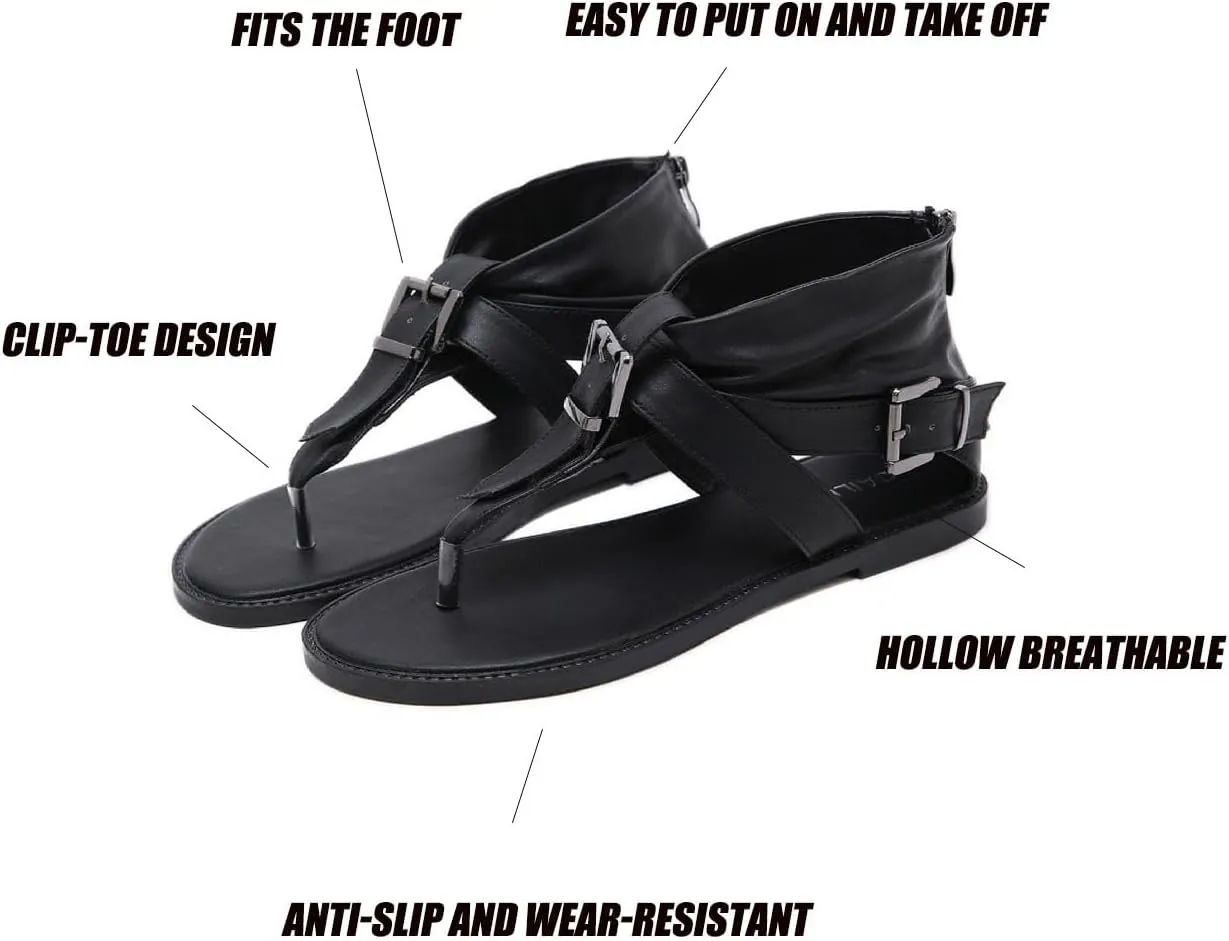 Women's High Top Clip Toe Flat Roman Sandals Back Zipper Summer Adjustable Buckle Strap Round Open Toe Fashion Thong Gladiator Beach Sandals for Party Walking Bohemian Boot Sandals