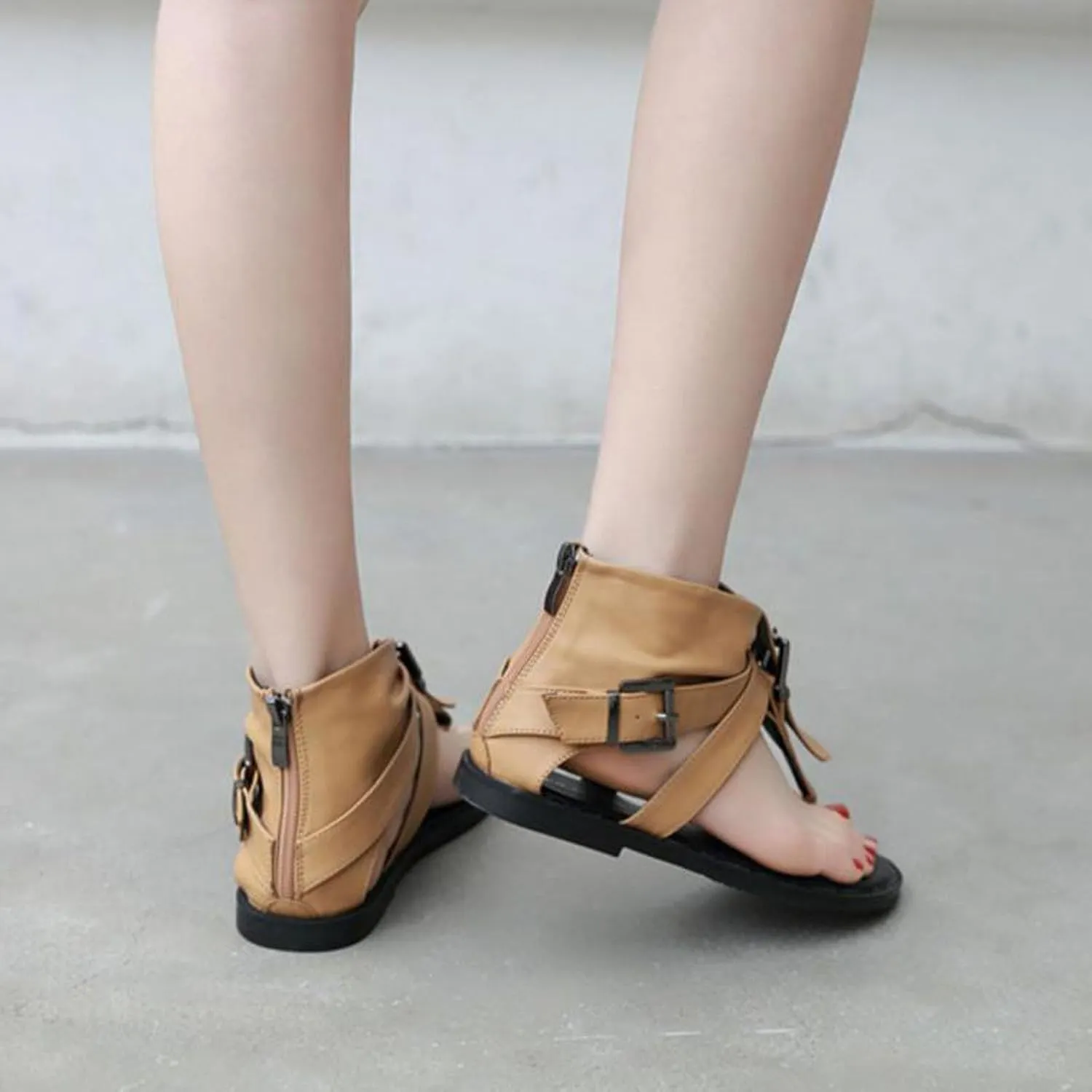 Women's High Top Clip Toe Flat Roman Sandals Back Zipper Summer Adjustable Buckle Strap Round Open Toe Fashion Thong Gladiator Beach Sandals for Party Walking Bohemian Boot Sandals