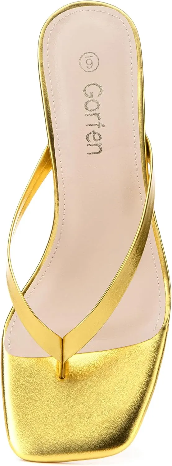 Women's Kitten Heel Sandals Square Toe Slip-On Flip Flop Heels Thong Sandals for Beach Summer
