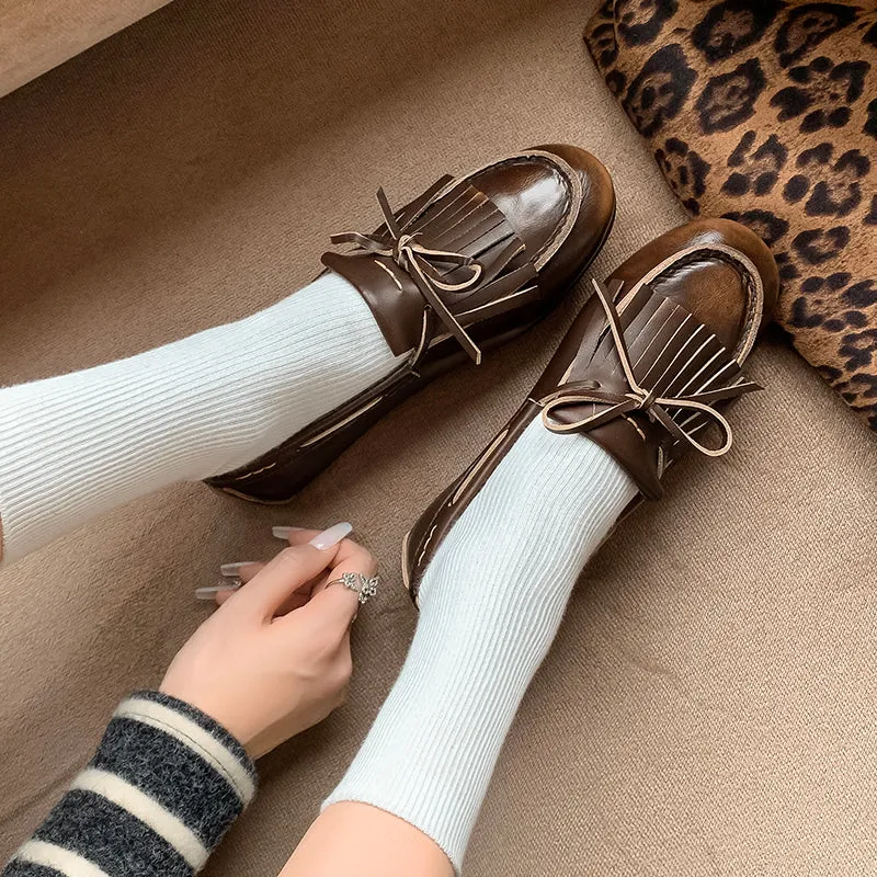 Women's Leather Preppy style Tassel Loafers for College Outfits