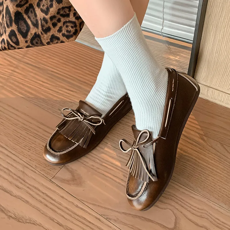 Women's Leather Preppy style Tassel Loafers for College Outfits