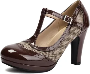 Women's Mary Jane Two Tones 1920s Pump HeelsWingtip Classic and Retro Oxford Pattern Vintage Round Closed Toe 1950s Ankle Strap Dress Shoes