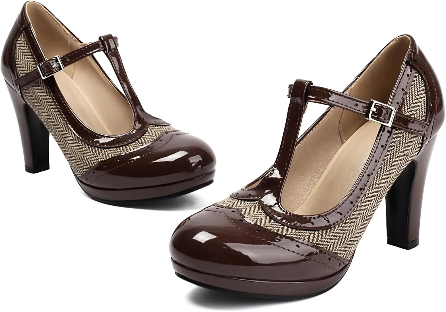 Women's Mary Jane Two Tones 1920s Pump HeelsWingtip Classic and Retro Oxford Pattern Vintage Round Closed Toe 1950s Ankle Strap Dress Shoes