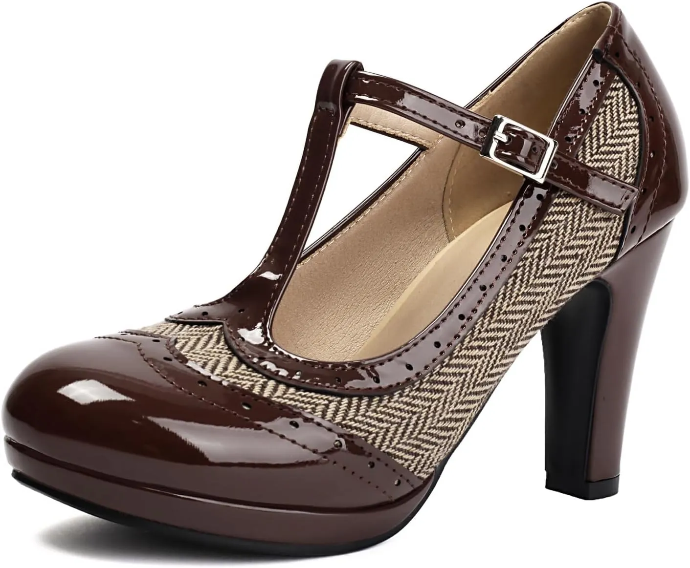 Women's Mary Jane Two Tones 1920s Pump HeelsWingtip Classic and Retro Oxford Pattern Vintage Round Closed Toe 1950s Ankle Strap Dress Shoes