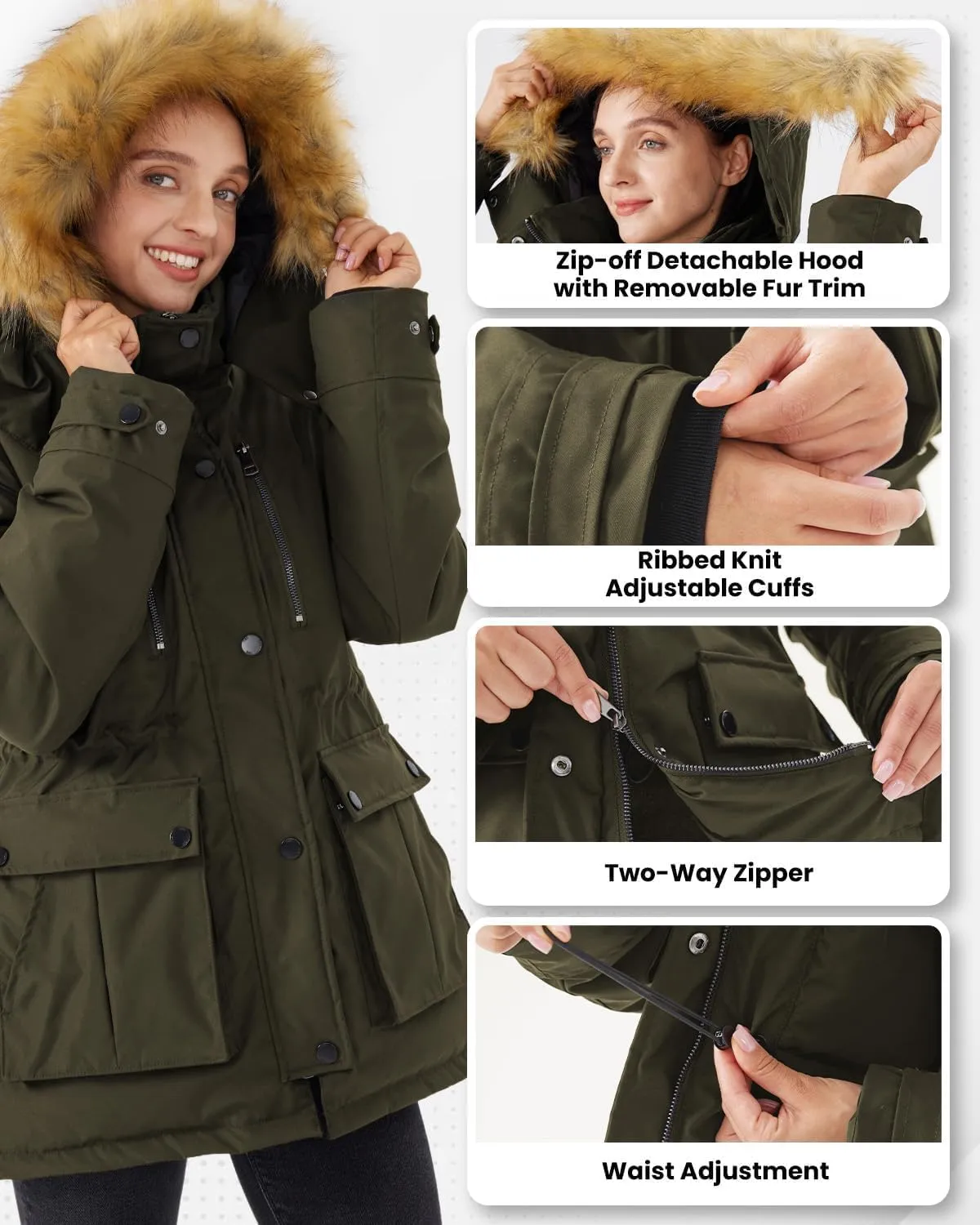 Women's Mid Length Slim Fit Jacket Padded Puffer Warm Coat with Faux Fur Removable Hood