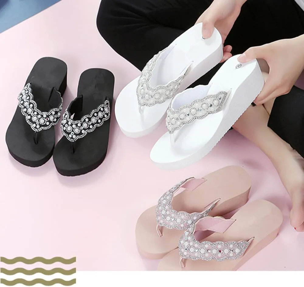 Womens Open Toe Shining Rhinestones Wedge Slide Sandal Anti-Slip Slip-On Flip Flop Summer Beach Travel Indoor Outdoor Slipper