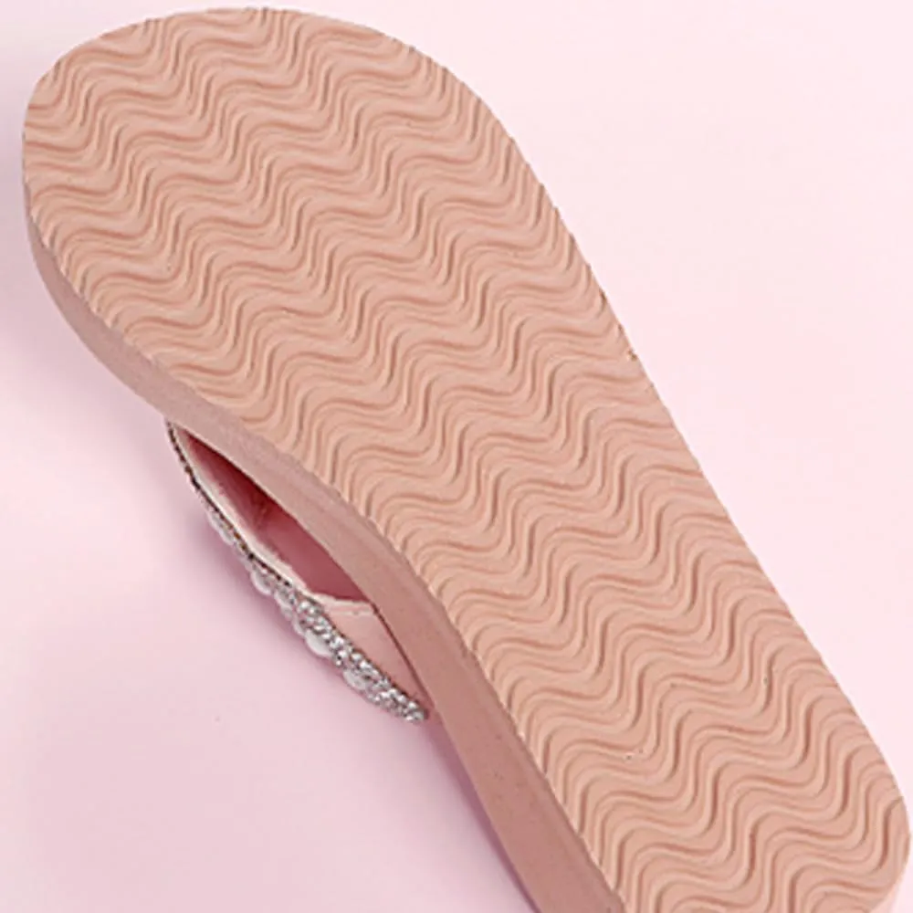 Womens Open Toe Shining Rhinestones Wedge Slide Sandal Anti-Slip Slip-On Flip Flop Summer Beach Travel Indoor Outdoor Slipper