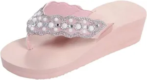 Womens Open Toe Shining Rhinestones Wedge Slide Sandal Anti-Slip Slip-On Flip Flop Summer Beach Travel Indoor Outdoor Slipper