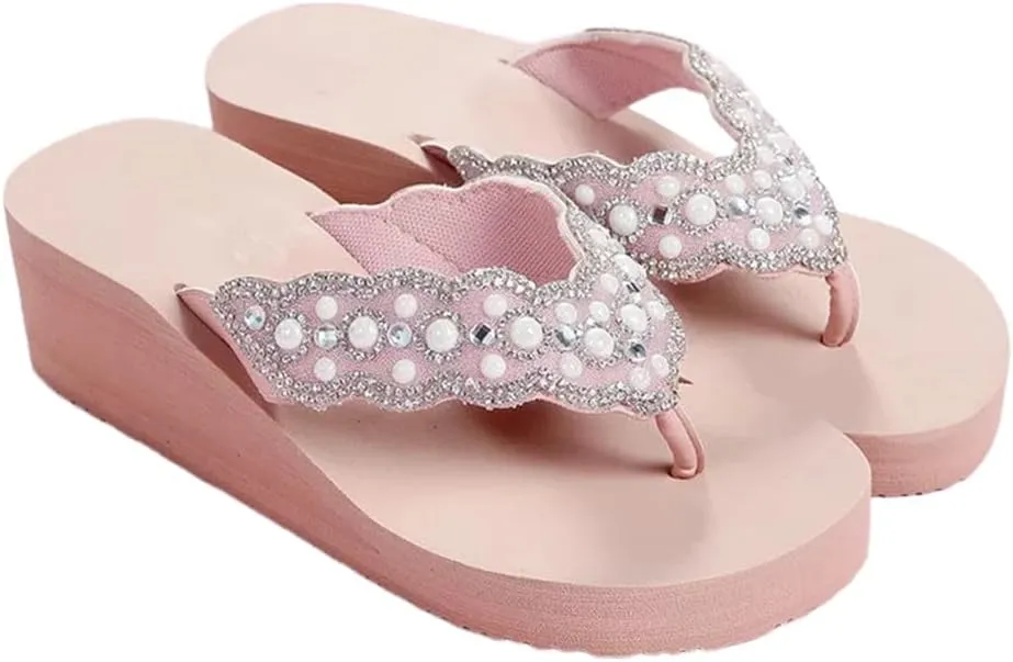 Womens Open Toe Shining Rhinestones Wedge Slide Sandal Anti-Slip Slip-On Flip Flop Summer Beach Travel Indoor Outdoor Slipper