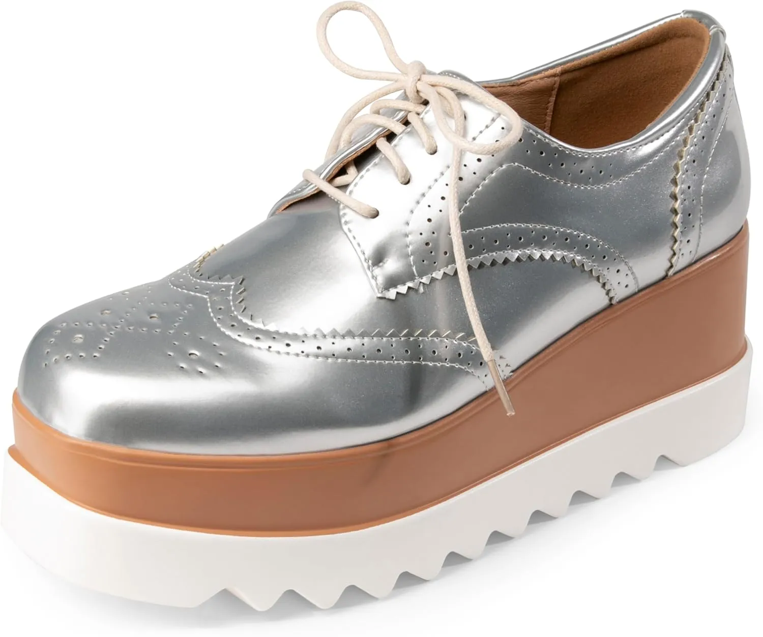 Women's Platform Oxford Shoes Classic Chunky Patent Leather PU Square Toe Wedges Casual Lace Up Sneakers