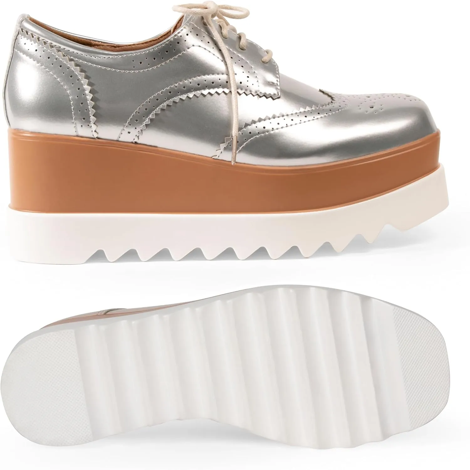 Women's Platform Oxford Shoes Classic Chunky Patent Leather PU Square Toe Wedges Casual Lace Up Sneakers