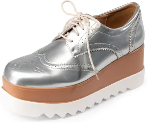 Women's Platform Oxford Shoes Classic Chunky Patent Leather PU Square Toe Wedges Casual Lace Up Sneakers