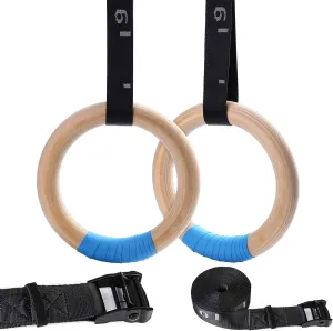 Wood Gymnastic Rings with Adjustable Number Suspension Trainer Straps with Cam Buckle 15ft Olympic Rings 32/28mm Heavy Duty 1543/992lbs for Pull Up Bar Workout Exercise Gym Hanging Rings Indoor