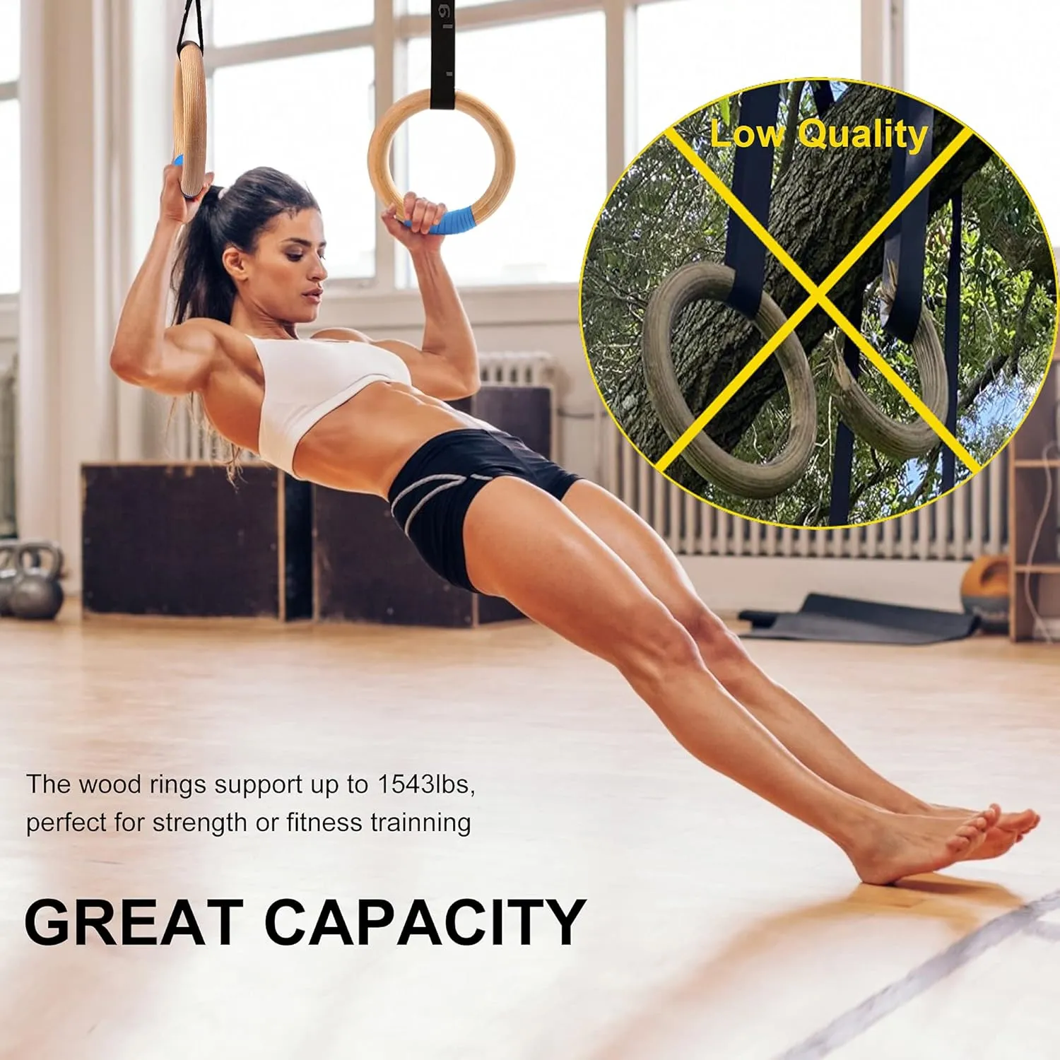 Wood Gymnastic Rings with Adjustable Number Suspension Trainer Straps with Cam Buckle 15ft Olympic Rings 32/28mm Heavy Duty 1543/992lbs for Pull Up Bar Workout Exercise Gym Hanging Rings Indoor
