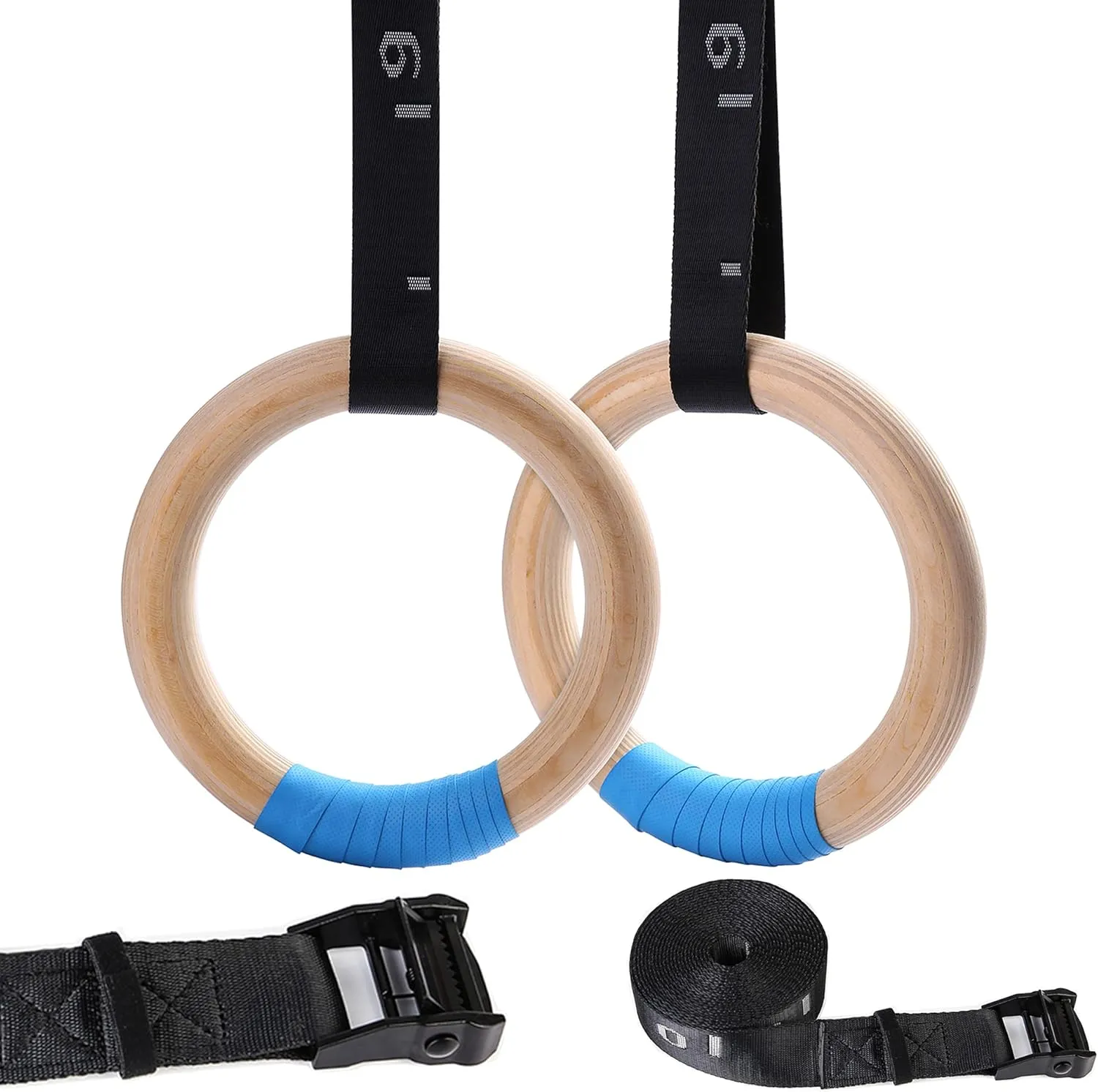 Wood Gymnastic Rings with Adjustable Number Suspension Trainer Straps with Cam Buckle 15ft Olympic Rings 32/28mm Heavy Duty 1543/992lbs for Pull Up Bar Workout Exercise Gym Hanging Rings Indoor