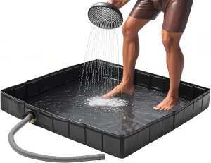 Ynotus 40″ Portable Camping Shower Base Collapsible Outdoor Shower Pan with Drain Hose and Clamp Shower Basin for Shower Tent Base, Wilderness Camping, Rv, Temporary Shower Stall, Bathing Pets.