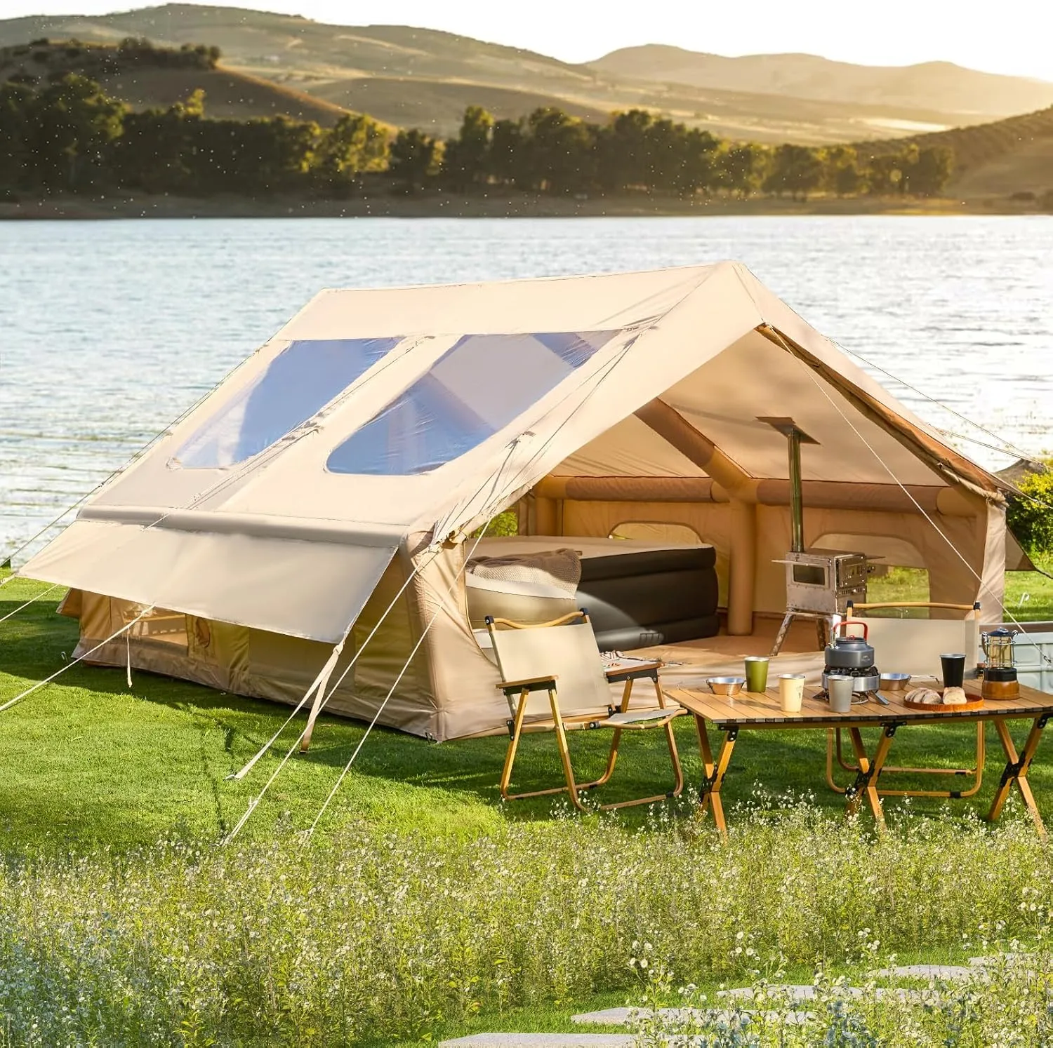 YOLENY Classic Inflatable Camping Tent for 6-12 Person, 4 Season Blow Up Tent with Mesh Windows & Pumps