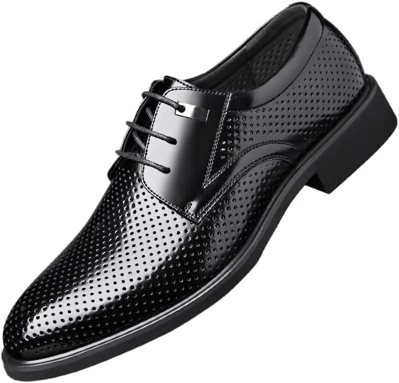 YZABEL Men's Patent Leather Oxford Dress Shoes, Pointed Toe Lace Up Business Casual Shoes, Summer Breathable Hollow for Formal and Everyday Wear