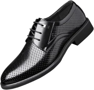 YZABEL Men's Patent Leather Oxford Dress Shoes, Pointed Toe Lace Up Business Casual Shoes, Summer Breathable Hollow for Formal and Everyday Wear