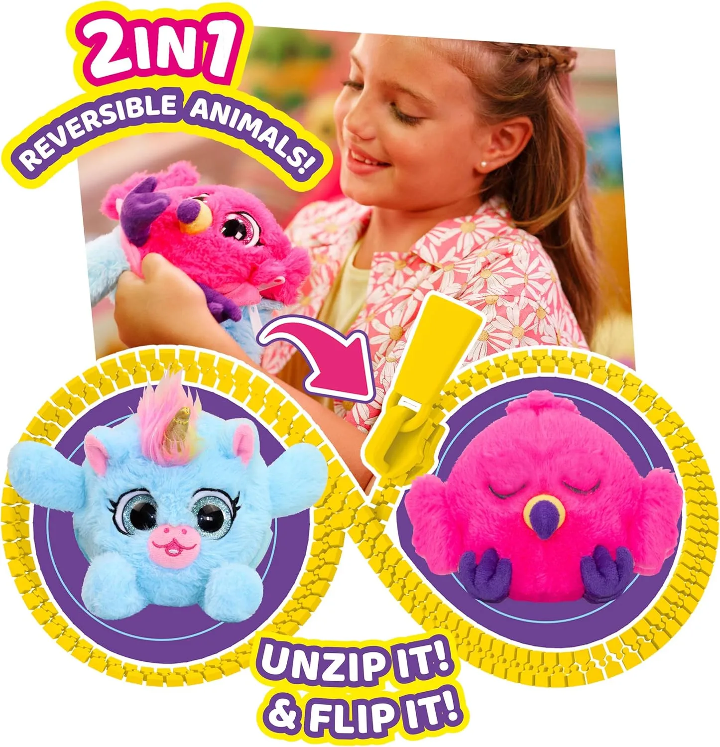 ZIPPETZ Kids’ 2-in-1 Unicorn to Flamingo Reversible Plush Toy Animals, Zip It & Flip It, Cloud-Like Softness, Sweet & Curious Googly Eyes, Cute Plush Friends, Great Gift for Little Ones, 18  Mos