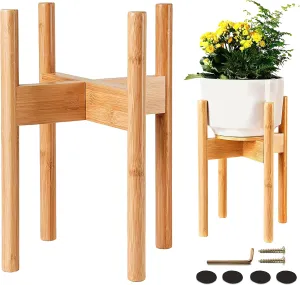 ZPirates Plant Stand for Indoor - Adjustable Sideways to fit 8 10 or 12 Inch-wide Medium-Large Planter Pots of Live and Fake Floor Plants [Leg14-inch Tall] - Bamboo Wood
