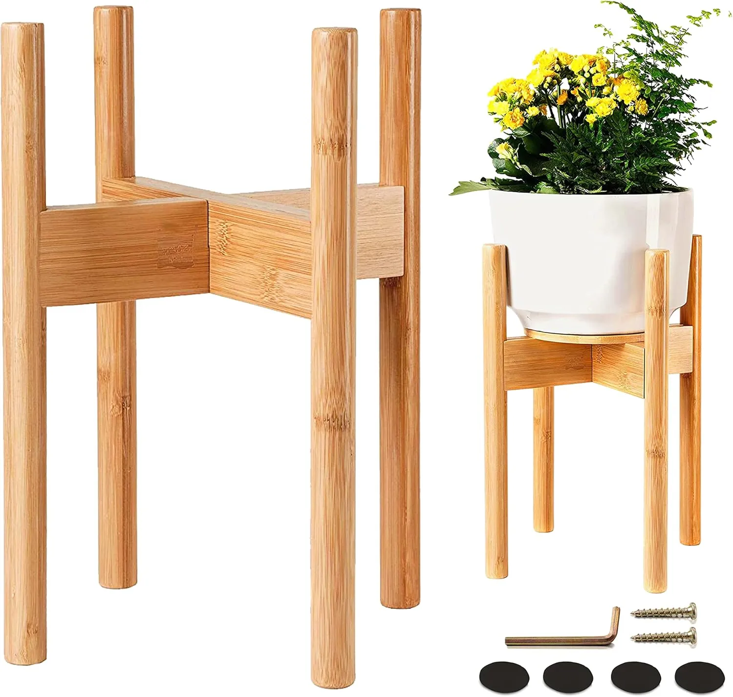ZPirates Plant Stand for Indoor - Adjustable Sideways to fit 8 10 or 12 Inch-wide Medium-Large Planter Pots of Live and Fake Floor Plants [Leg14-inch Tall] - Bamboo Wood