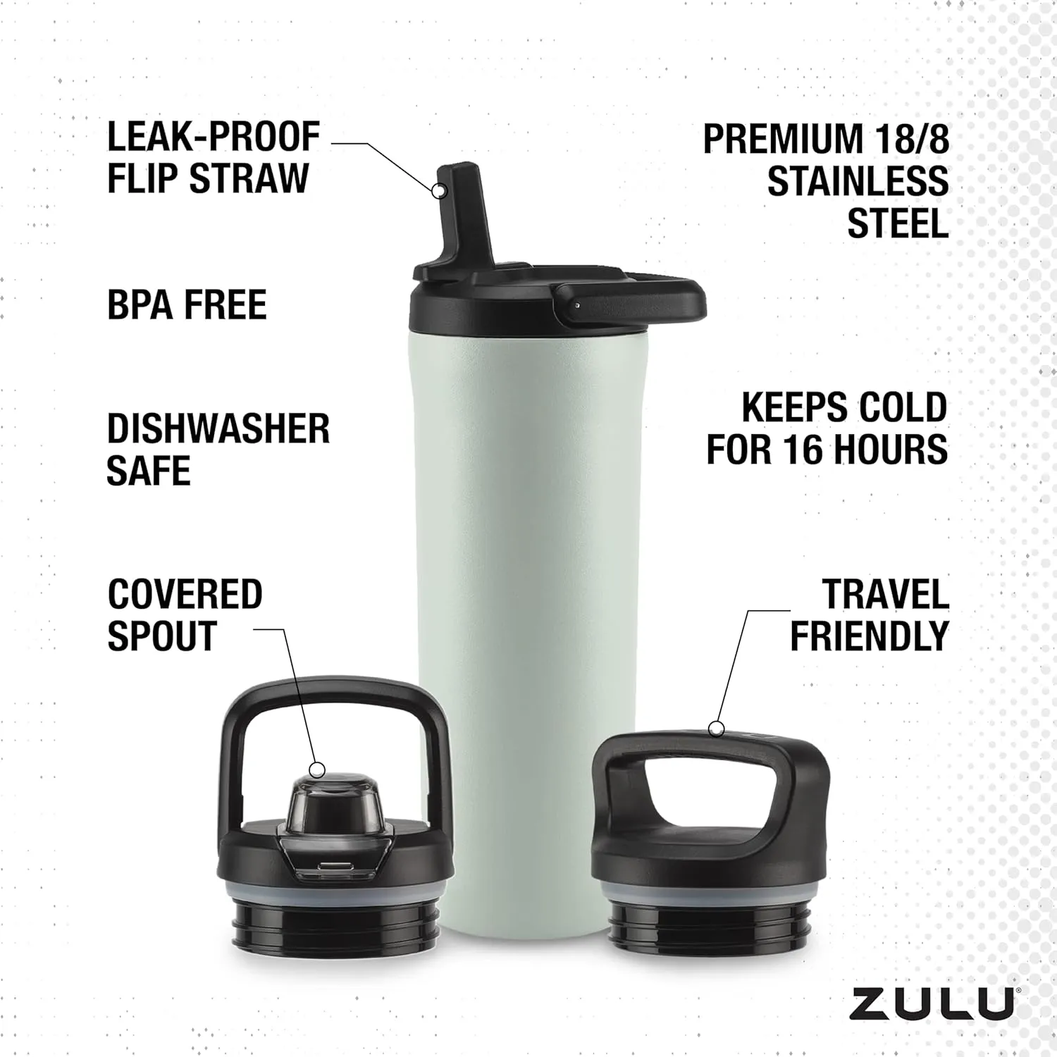 ZULU Base 18oz Kids Stainless Steel Water Bottle with 3 Lids- Straw, Chug, Twist | Double Walled and Vacuum Insulated Metal Thermos | Fits Car Cupholder, Built in Carry Loop, Dishwasher Safe, Sage