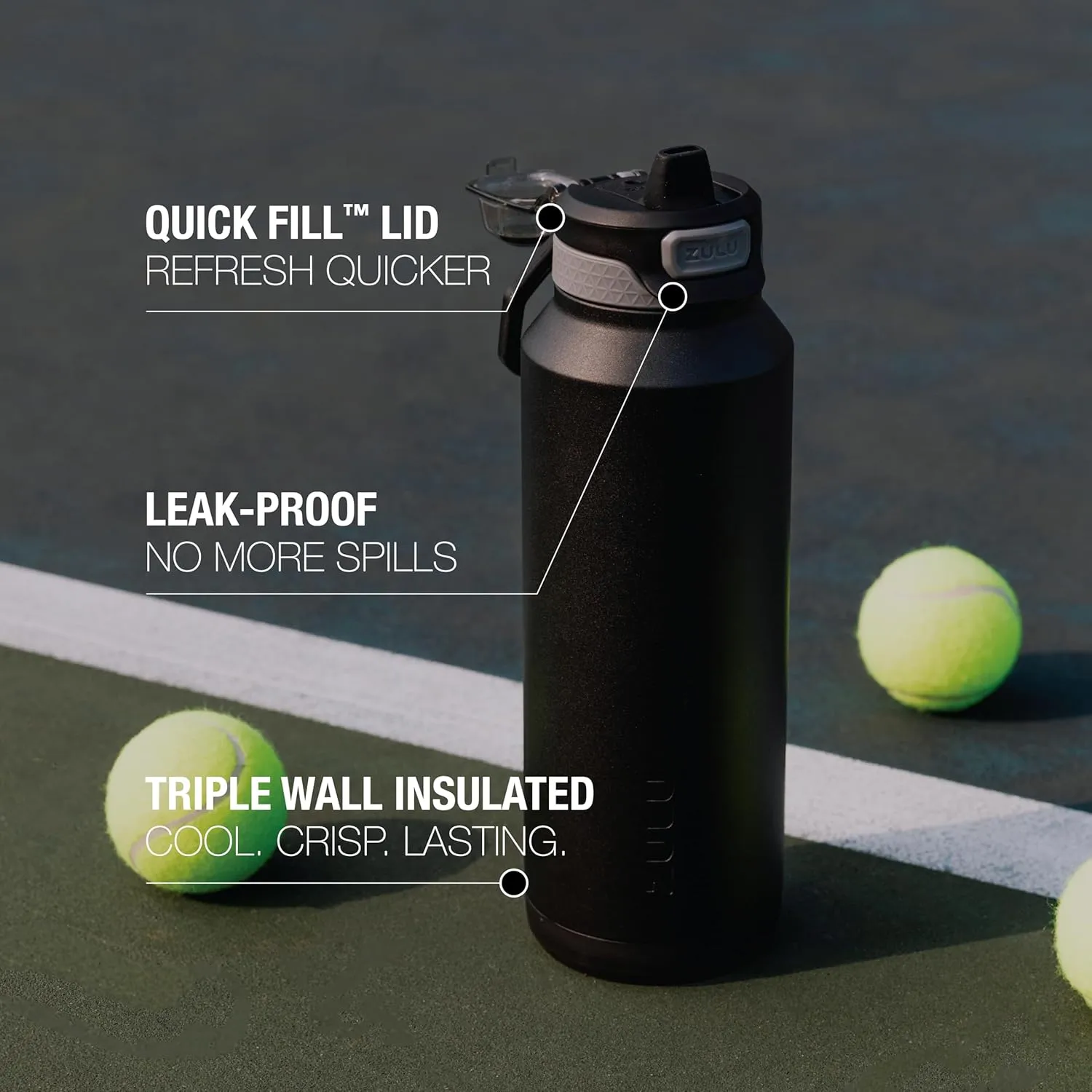 ZULU Powerfill Pro 24oz Stainless Steel Water Bottle with Quick Fill Lid, Triple Walled Vacuum Insulated Metal, Leak Proof Locking Lid, Sip and Chug, Reusable BPA Free, Black